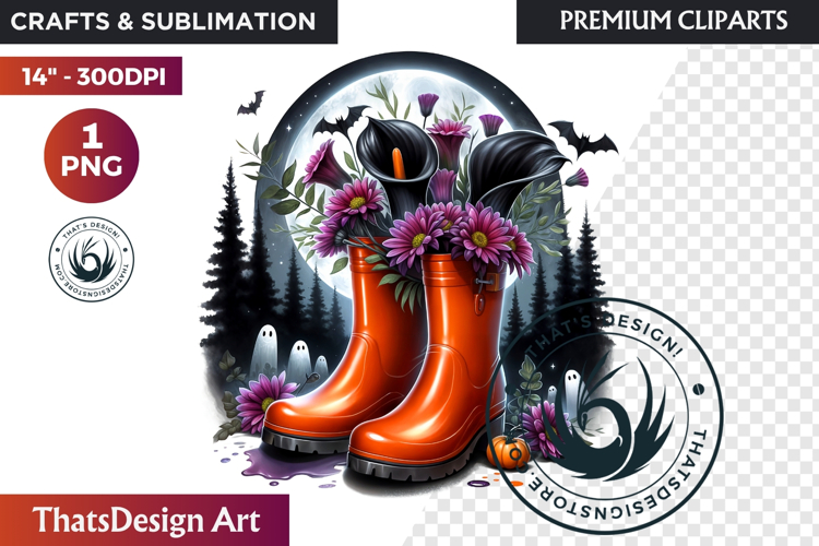 Halloween Floral Rain Boots - Cute Witchy Garden Clipart PNG