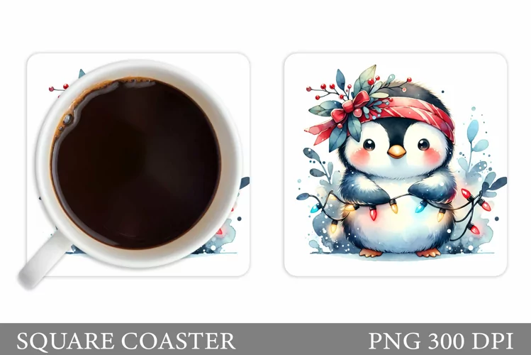 Cute Penguin Coaster Sublimation. Christmas Coaster Design