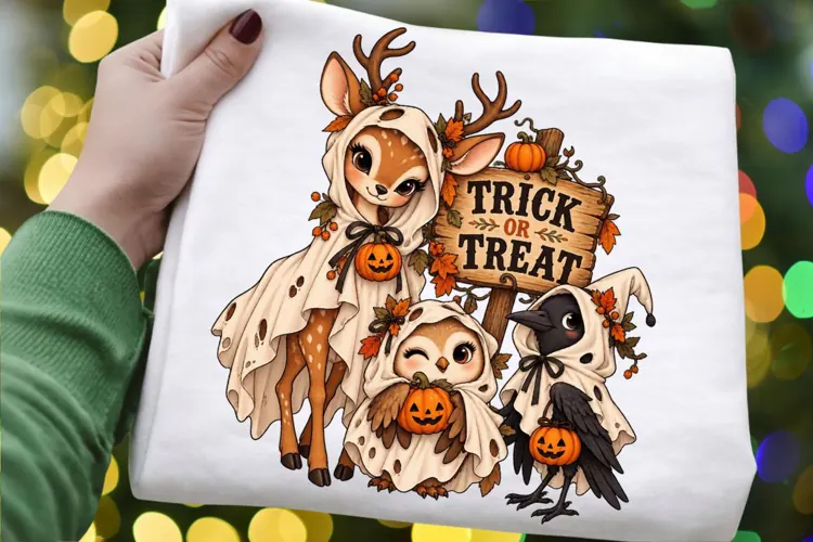 Cute Halloween Woodland Animals PNG, Deer Owl Crow in Ghost