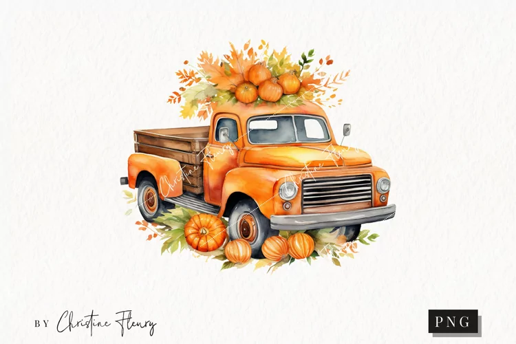 Watercolor Pumpkin Vintage Truck Clipart | Watercolor Fall