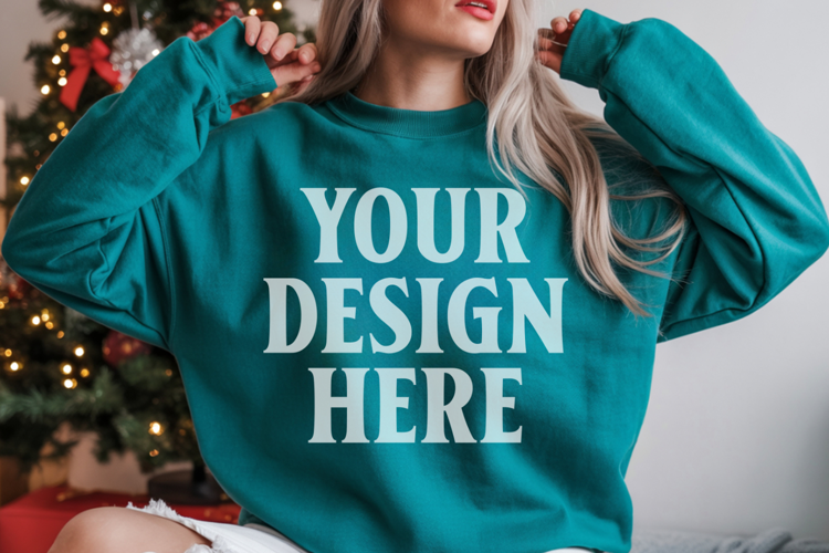 Comfort Colors 1566 Blue Spruce Sweatshirt Mockup, Cozy Boho