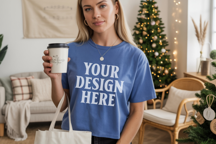 Comfort Colors 1717 Blue Jean Christmas T-Shirt Mockup, Boho