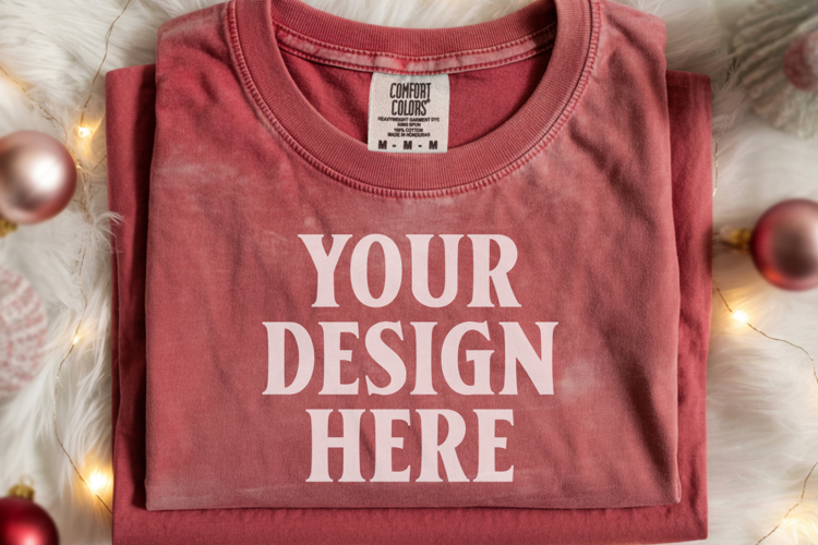 Crimson Comfort Colors 1717 Christmas Folded T-Shirt Mockup