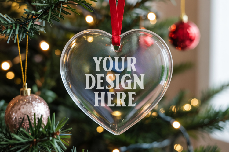 Christmas Heart Crystal Glass Ornament Mockup | Clear Heart