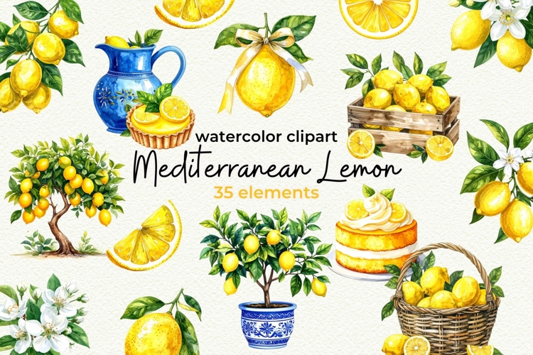 Mediterranean Lemon Watercolor Clipart
