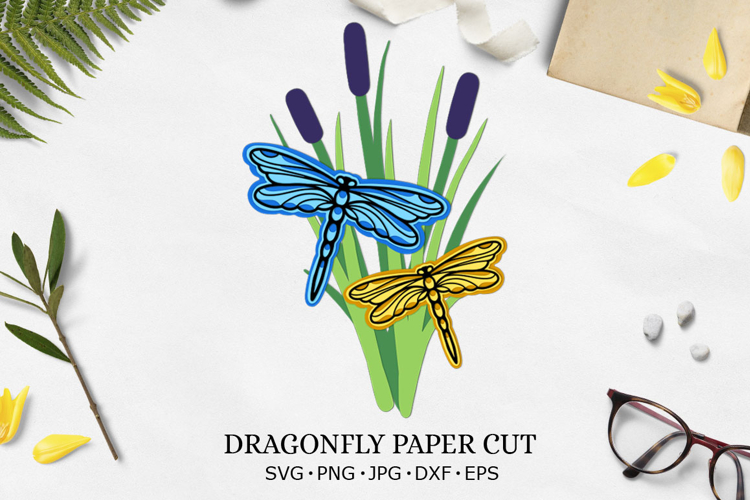 Reeds and dragonfly layered paper cut SVG/ Dragonfly svg