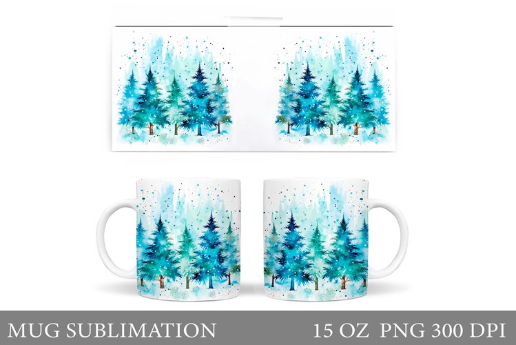 Christmas Tree Mug. Watercolor Christmas Mug Wrap Design