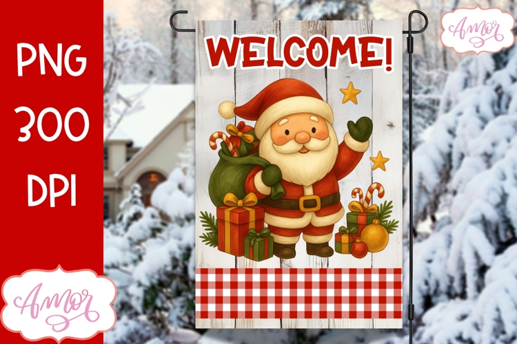 Hello Christmas garden flag PNG, Cute Santa PNG design