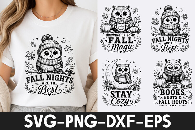 Cozy Owl Fall Nights Autumn SVG PNG example image 1