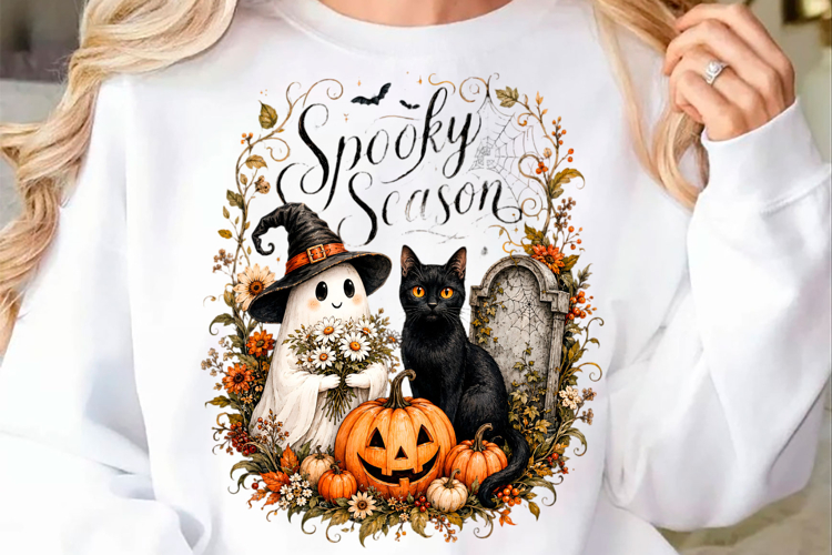 Spooky Season Ghost & Black Cat PNG