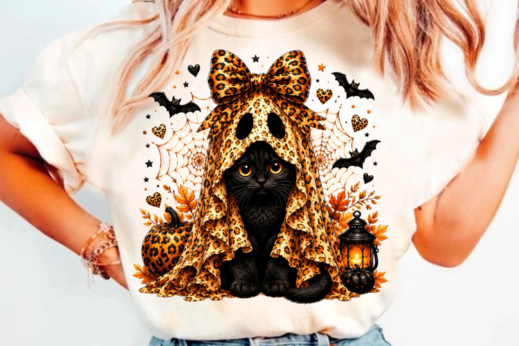 Cute leopard print ghost cat Halloween t shirt design