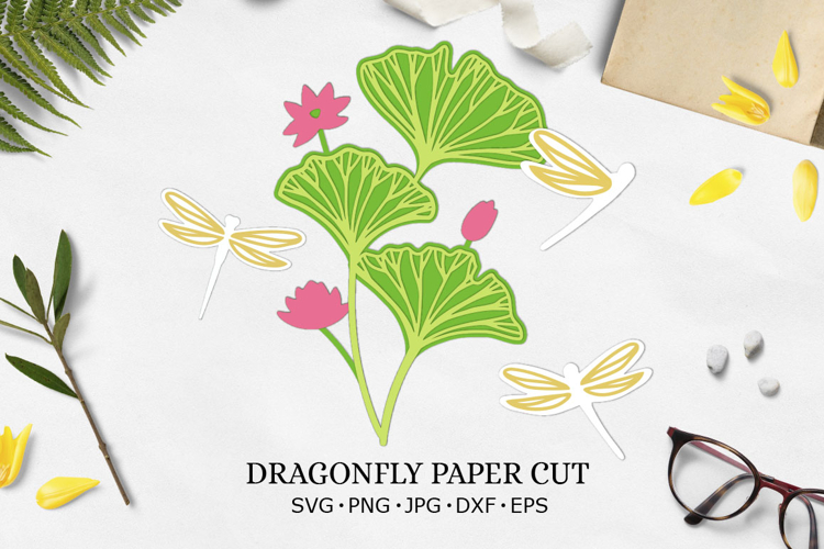 Dragonfly and water lilies paper cut / Dragonfly svg