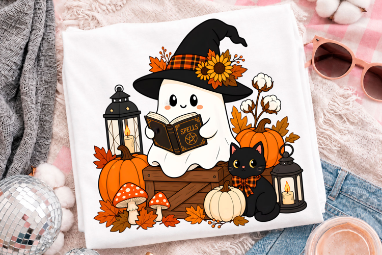 Cute Ghost Witch Reading Spell Book With Black Cat Halloween