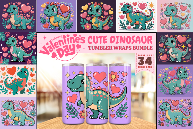 Valentine’s Day Cute Dinosaur Tumbler Wrap PNG Big Bundle