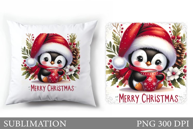 Cute Penguin Pillow Design. Christmas Pillow Sublimation example image 1