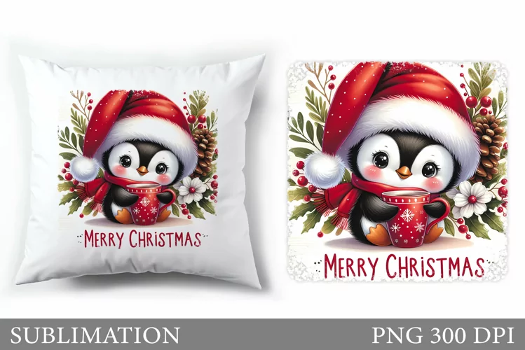 Cute Penguin Pillow Design. Christmas Pillow Sublimation
