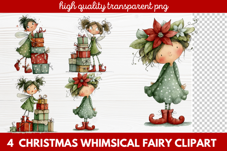 4 Christmas Whimsical Fairy Clipart | Cute Holiday Fairies
