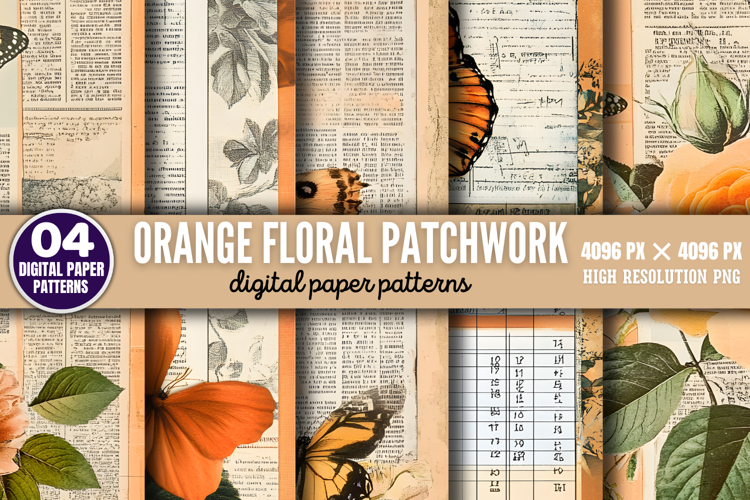 Orange Floral Patchwork Collages Sheets Digital Paper PNG