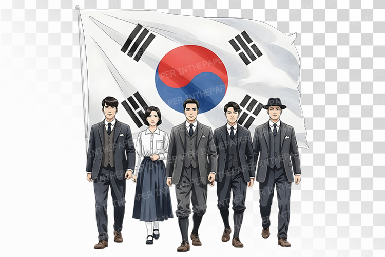 This dignified illustration portrays a group of Korean inde