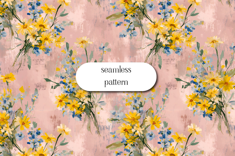 Yellow wildflowers painterly seamless pattern pink