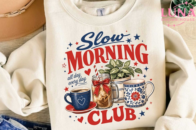 Slow Morning Club PNG, Coffee Lover Sublimation, Cozy Mornin
