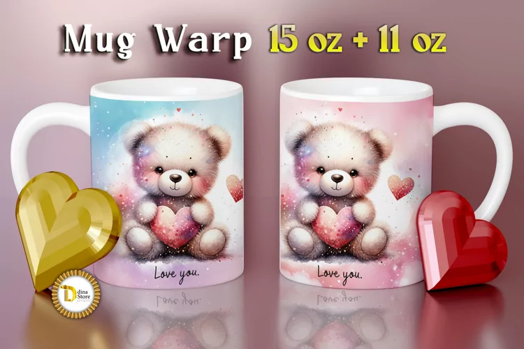 11 Oz-15 OZ Mug Warp- Cute Pastel Colors Teddy Bear