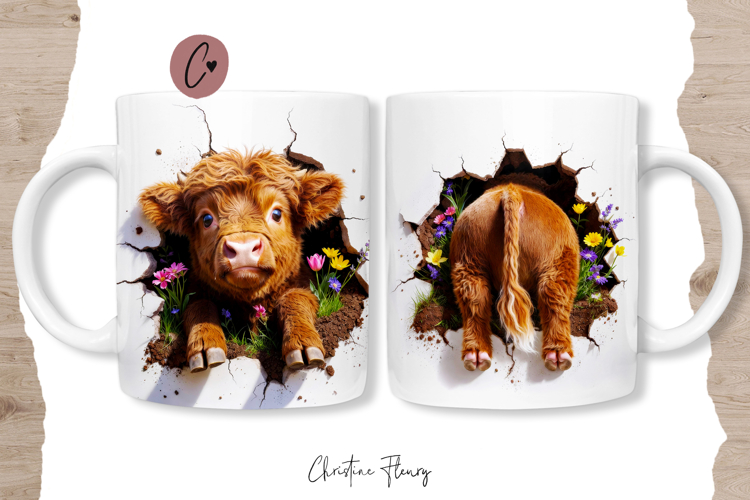 Funny Spring Highland Cow Break Through Mug Wrap