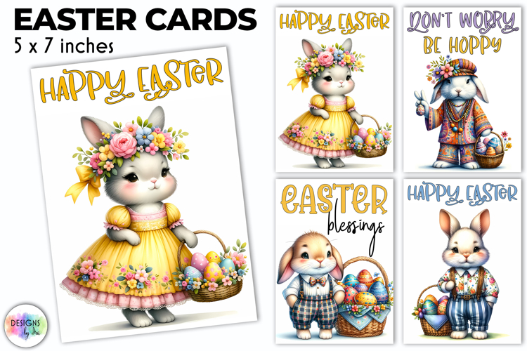 Easter Bunny Greeting Cards Cute Boho Printable, Hippie PNG