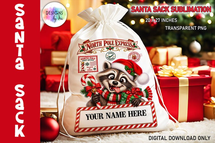 Santa Sack Sublimation, Racoon PNG, North Pole Mail example image 1