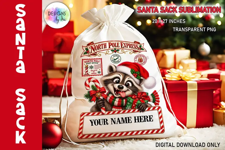 Santa Sack Sublimation, Racoon PNG, North Pole Mail