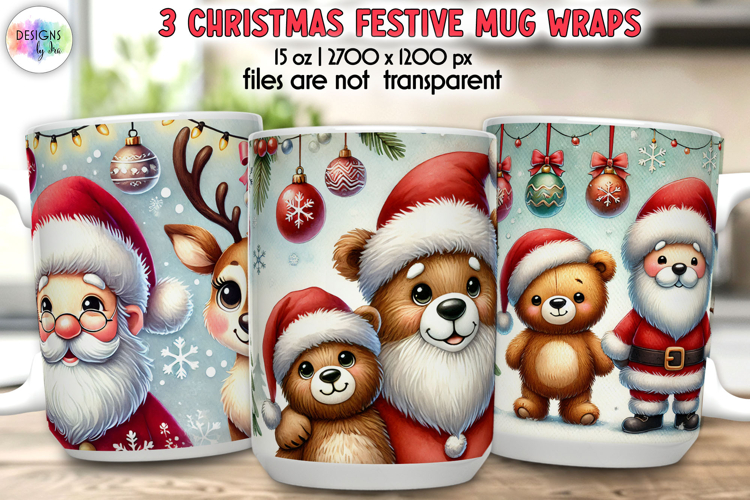 Cute Christmas Mug Wrap with Santa, Snowman and Reindeer