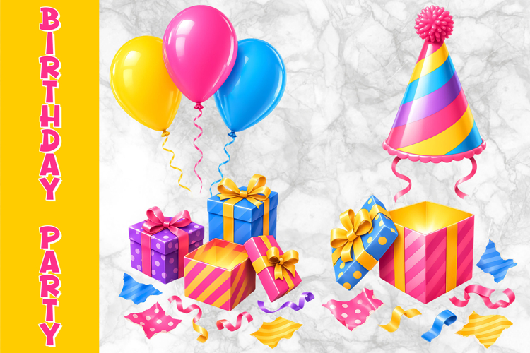 Birthday Accessories Clipart, Party Balloons & Gift Boxes