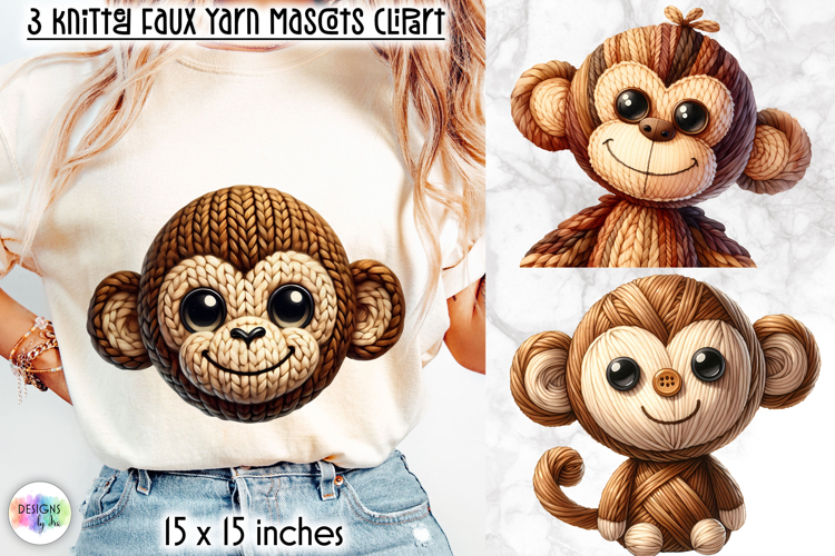 Knitted Monkey Clipart, Faux Yarn Plush Monkey Mascot Print
