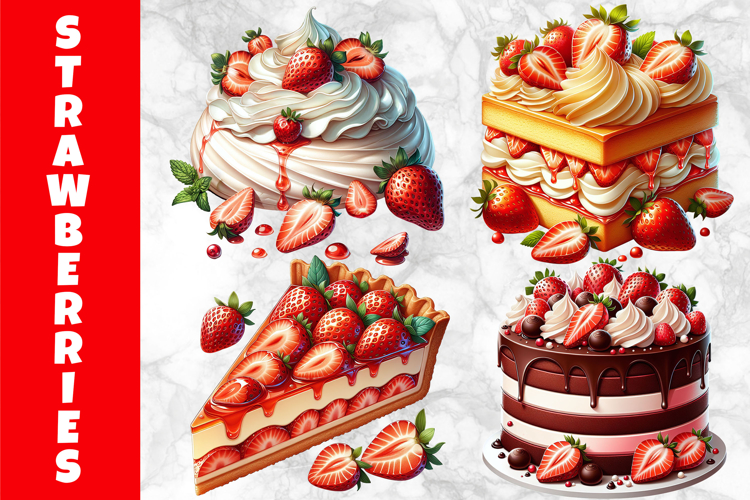 Strawberry Cakes Clipart, Strawberry Chocolate Cake Print