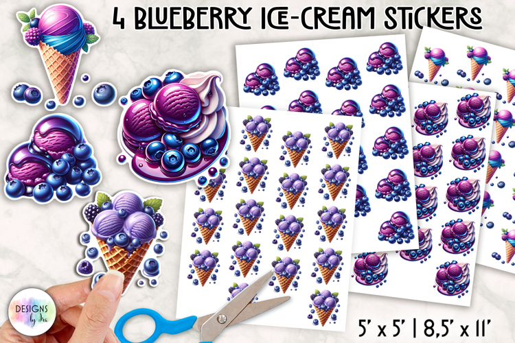 Blueberry Ice Cream Stickers, Glossy Dessert Clipart PNG