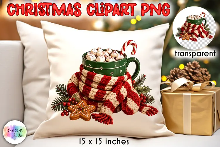 Cozy Christmas Cocoa Mug and Plaid Scarf PNG