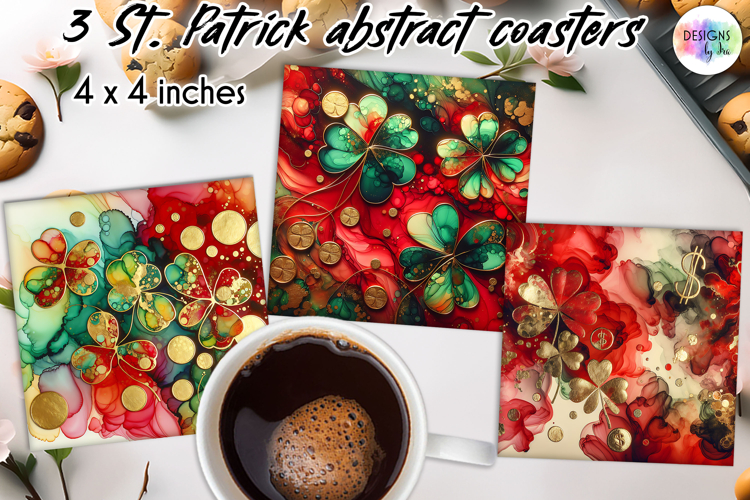St. Patrick’s Day Clover Coasters, Alcohol Ink Shamrocks PNG