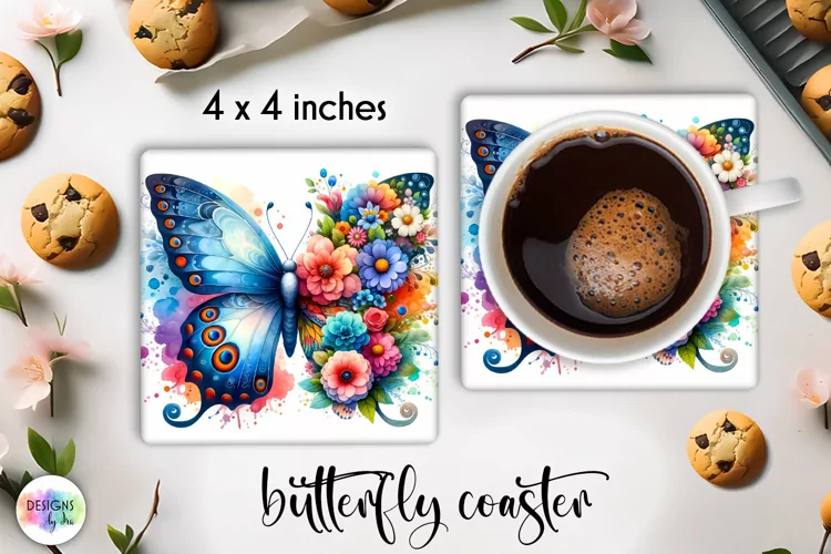 Floral Butterfly Coaster | Watercolour Butterfly Coaster PNG