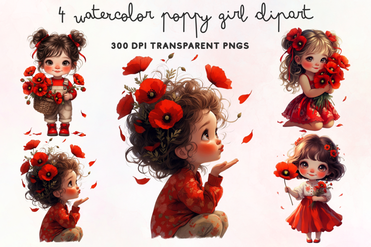 Watercolor Poppy Girl Clipart PNG