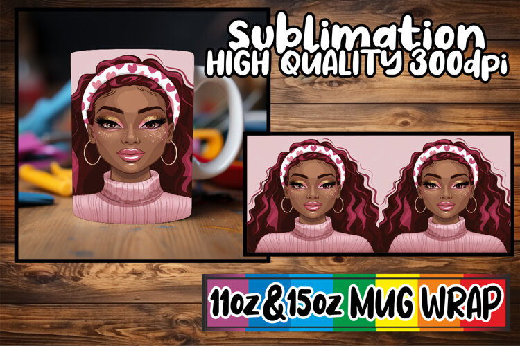 Cheerful hearts sublimation mug wrap, Afro Girl example image 1