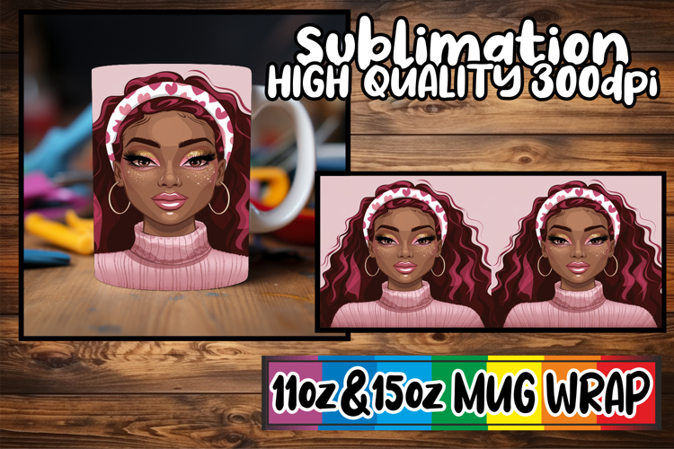 Cheerful hearts sublimation mug wrap, Afro Girl