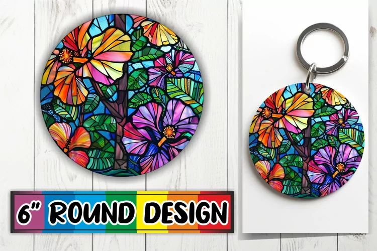 Keychain Colorful Tree Stained Glass Round Design Sublimatio