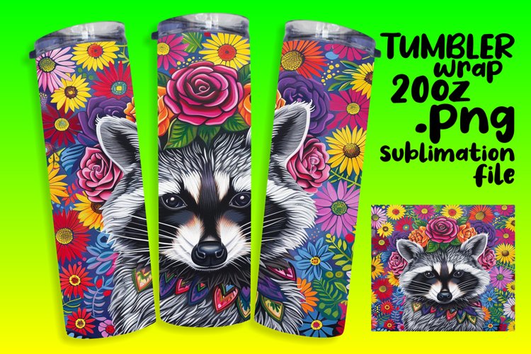Raccoon   Floral Tumbler Wrap Design for Sublimation