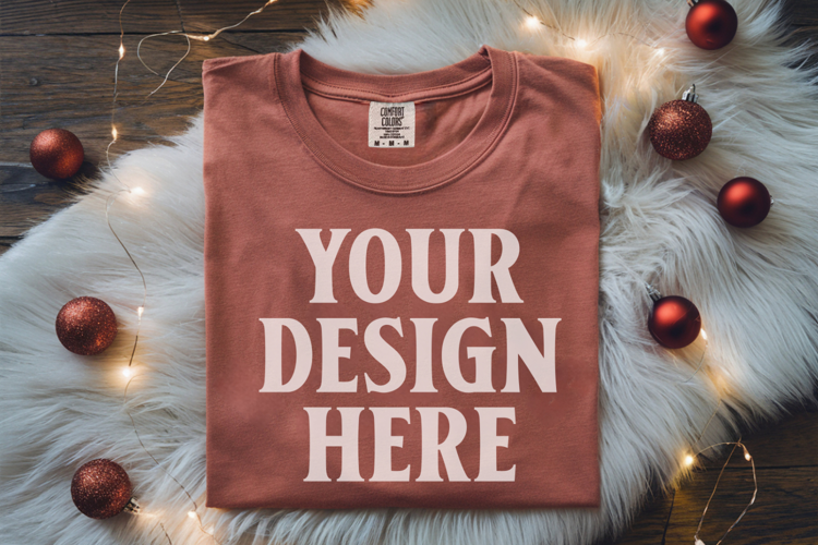 Brick Comfort Colors 1717 Christmas Folded T-Shirt Mockup