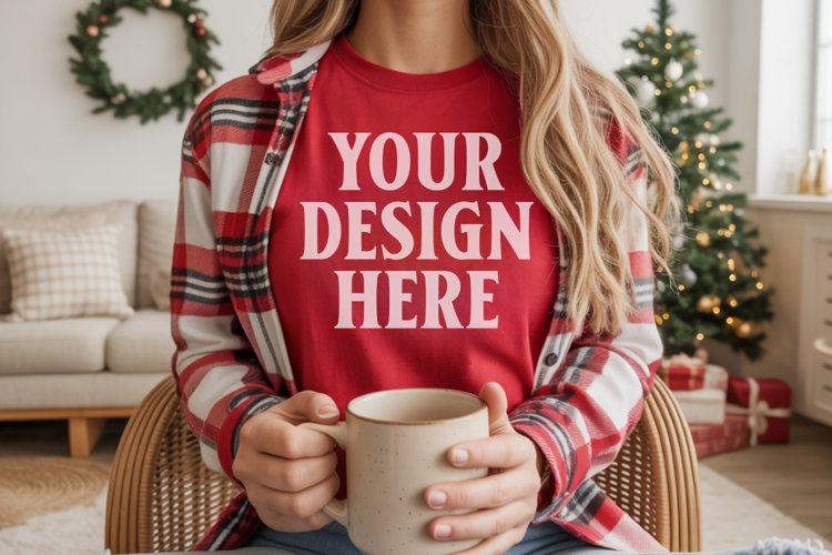 Comfort Colors 1717 Red Christmas T-Shirt Mockup, Boho