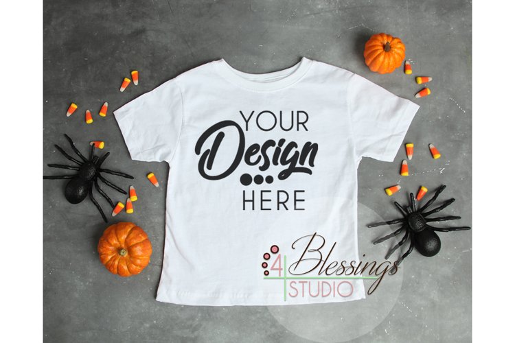 Halloween Mockup White Childrens T Shirt Fall Flat Lay example image 1