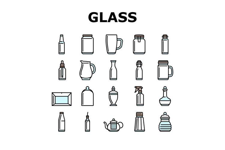glass packaging bottle product icons set vector