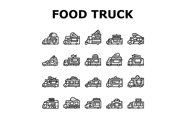 food truck street mobile cuisine icons set vector