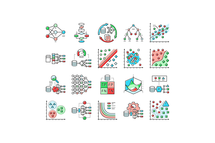 machine learning algorithm model icons set vector