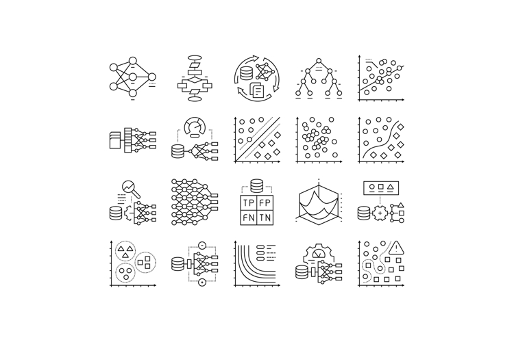 machine learning algorithm model icons set vector
